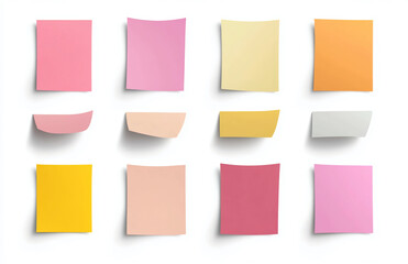 Arrangement of twelve colorful sticky notes on a white background in a grid pattern