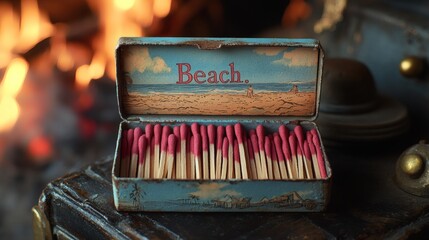 A vintage matchbox labeled "Beach" filled with matchsticks is open, with a warm and cozy fire in the blurred background. The matchbox and contents look inviting.