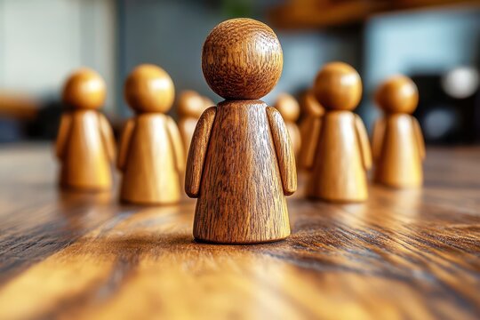 Wooden figures on a wooden surface, representing social interaction, teamwork, community, and leadership in a modern workspace environment