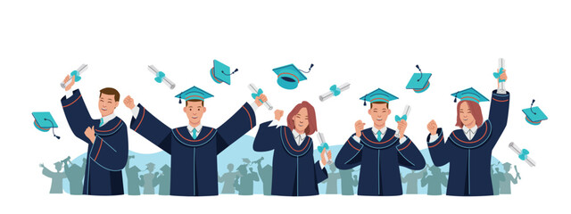 Obraz premium Graduation, happy student character in graduation gown and cap for celebration. Flat vector illustrations.