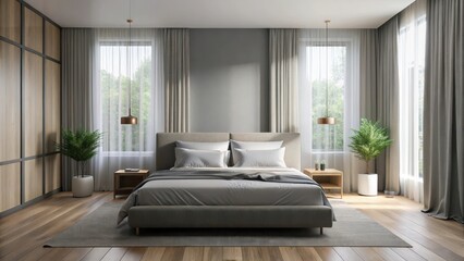 Minimalist gray bed in modern bedroom with wooden floor and sheer curtains, elegance