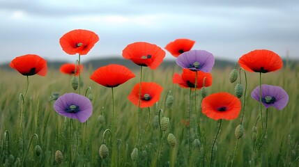 Fototapeta premium Vibrant Red and Purple Poppies in a Field