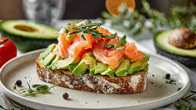 Smoked salmon slices resting atop creamy mashed avocado, spread on toasted multigrain bread.
