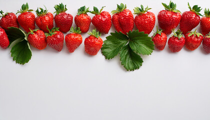 Strawberry season mockup, summer theme border, with free space for text. White plane background, red ripe berries on the upper side.