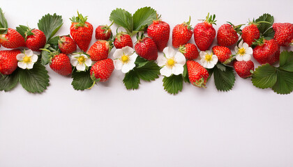Strawberry season mockup, summer theme border, with free space for text. White plane background, red ripe berries, white flowers on the upper side.