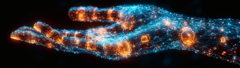 A digital hand glows brightly, symbolizing a touch of technology and connection. The hand extends with an open palm. Its intricate structure is highlighted with glowing lights.