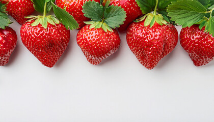 Strawberry season mockup, summer theme border, with free space for text. White plane background, red ripe berries on the upper side.
