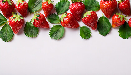 Strawberry season mockup, summer theme border, with free space for text. White plane background, red ripe berries on the upper side.