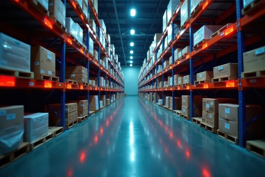 High-tech warehouse, data lines illuminating product storage , high-tech, industry, warehouse management