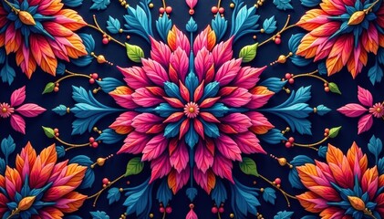 Intricate geometric floral pattern, vibrant hues, print, image