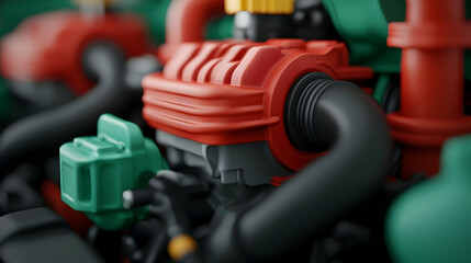 Close Up View of a Car Engine with Red Green and Black Components