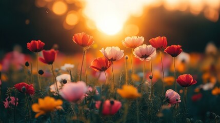 Obraz premium Colorful wildflowers bloom in a field at sunset