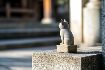 Stone Cat Statue Sitting Outdoors in Sunlight Looking Towards Building