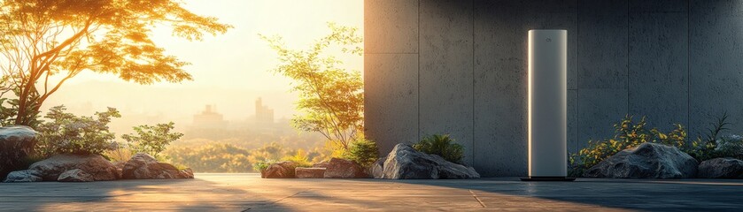 Fototapeta premium A tranquil, contemporary design with a scenic view. The image showcases modern architecture with the sun setting. The composition includes clean lines, open spaces, and an inviting atmosphere