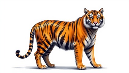 Obraz premium A realistic illustration of a majestic tiger standing proudly, its orange and black striped fur glistening in the light against a clean white background.