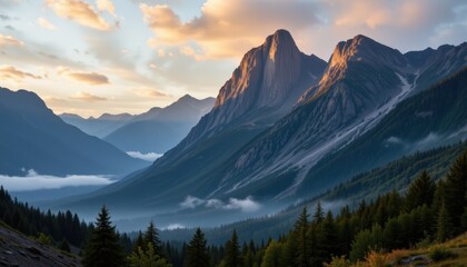 Obraz premium A breathtaking scene unfolds as the first light of dawn creeps over the jagged peaks of the towering mountains, casting a soft, golden glow across the serene