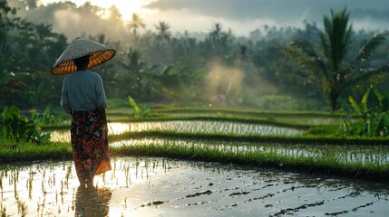 Woman in hat on Asian rice paddies sunrise