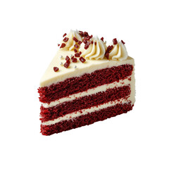 A slice of red velvet cake adorned with cream cheese frosting and decorative toppings.
