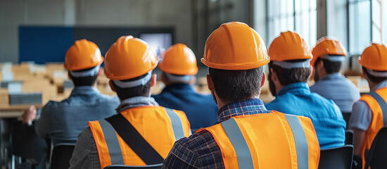 Workers watching safety video in training room
