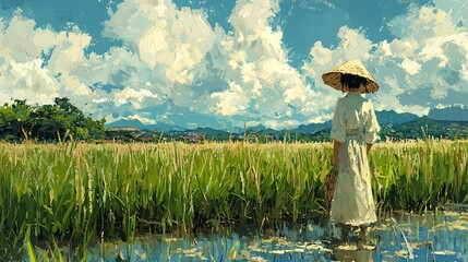 Woman in rice paddy, serene landscape