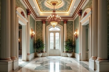 Elegant classical foyer with marble floors and chandelier