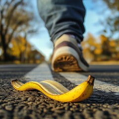 The Perilous Path: A solitary person strides towards a potentially disastrous encounter. A banana peel, a classic symbol of accidental misfortune, lies in their direct path.