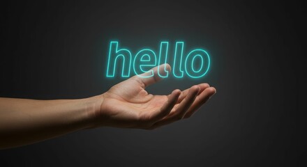 Outstretched hand with floating neon 'hello' sign on dark background