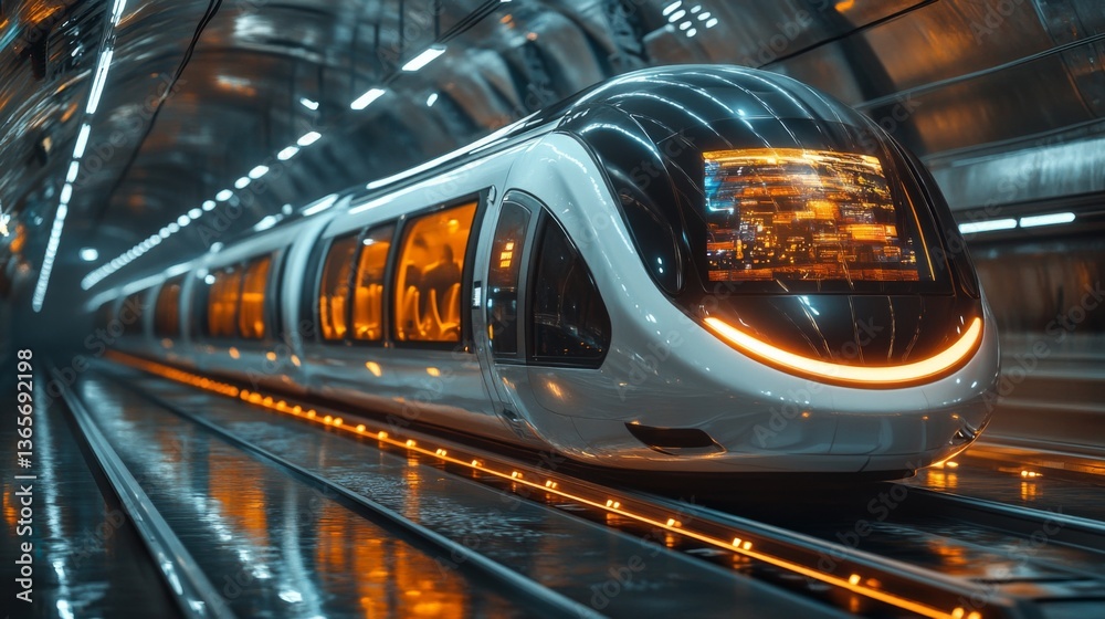Poster A sleek automated subway train waits at an urban transit station, showcasing advanced technology for efficient mobility and commuter convenience amid modern infrastructure.