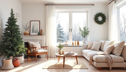 Fototapeta premium Scandinavian-inspired winter home interior with minimalistic decor, coziness