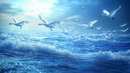 Fototapeta premium swans flying on the top of the water with blue and cloud background 