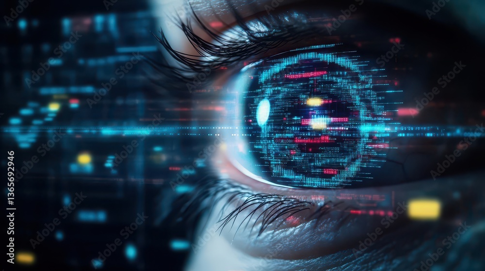 Poster close up of an eye surrounded by a futuristic digital interface creating a mysterious and intriguing