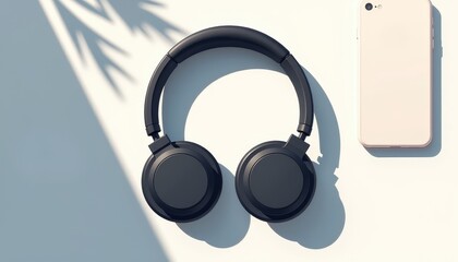 Modern wireless headphones and smartphone on a clean surface, minimalism
