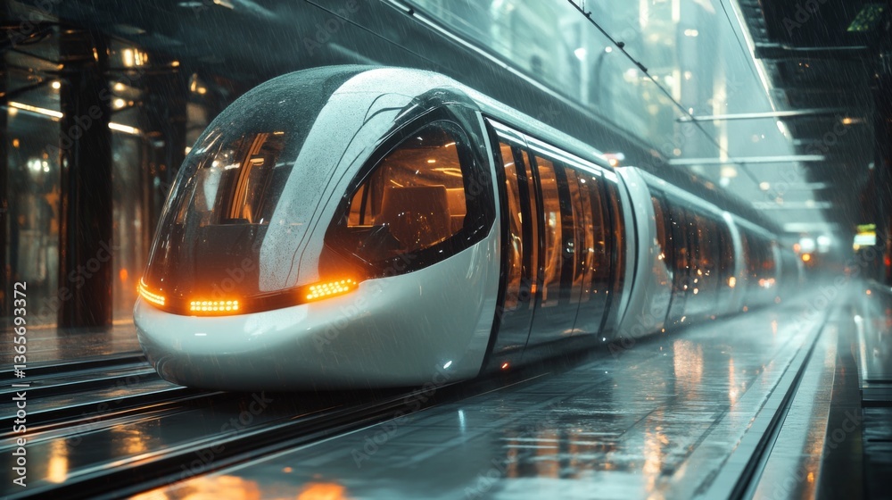Poster a sleek subway train approaches a modern transit station, illuminated by vibrant lights while commut