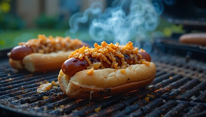 Delicious hot dog on the grill, ready to eat.