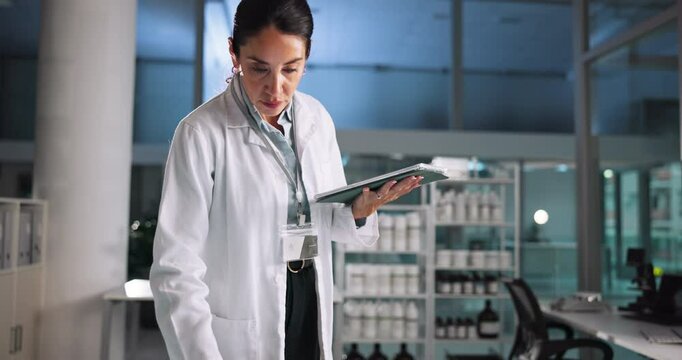 Woman, scientist or interactive display for research breakthrough, clinical trial or discovery. Night, medical study and tablet for checking science on technology for vaccine, cure or dna development