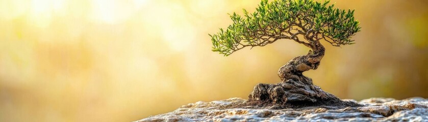 Obraz premium Bonsai tree on rock, serene garden, sunrise background, peaceful nature scene