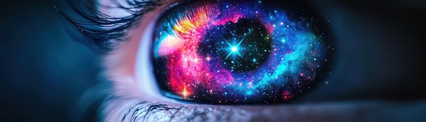 Mesmerizing Close Up of an Eye Capturing the Vastness of the Galaxy Within the Pupil Evoking Wonder and Cosmic Beauty in a Dreamlike Composition