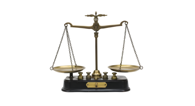 Vintage Brass and Black Balance Scale on White Background for Symbolizing Justice, Fairness, Equality, Law, and Measurement in Legal Contexts