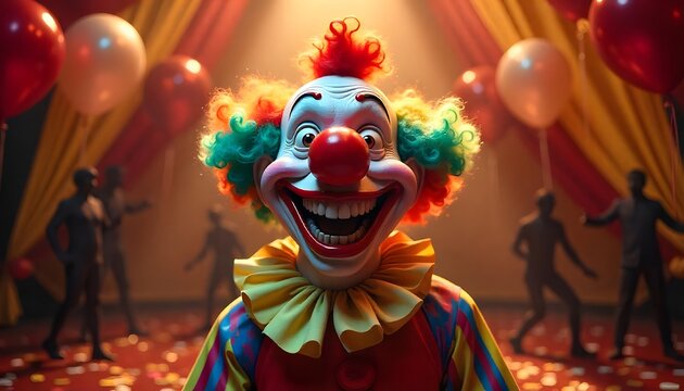 Creepy Clown in Circus Setting with Balloons and Blurred Figures