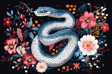 Fototapeta premium Blue Snake Surrounded by Colorful Flowers and Leaves in a Nature-Inspired Illustration