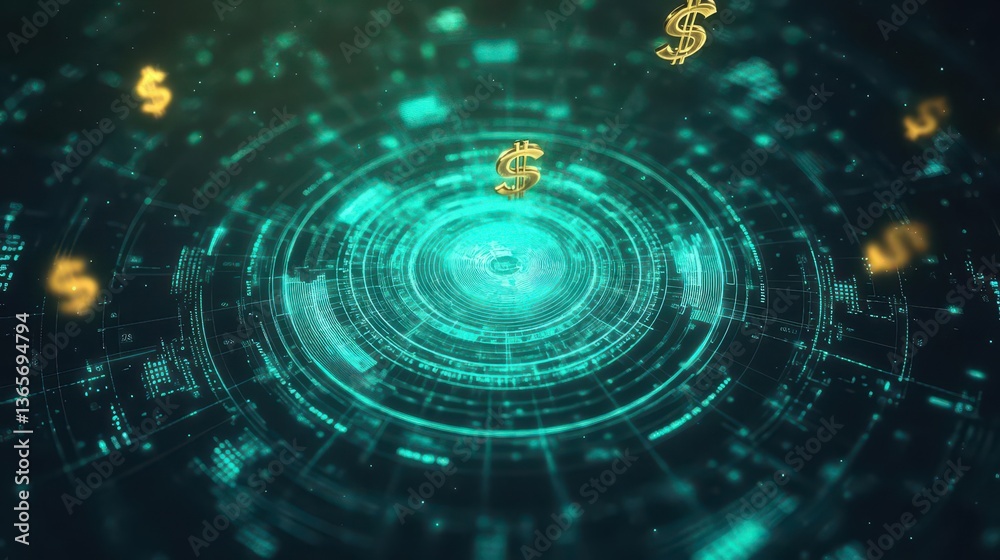 Poster symbol of wealth enclosed in circular binary code representing digital currency and modern financial