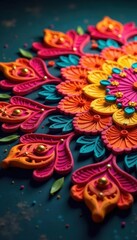 Fototapeta premium Intricate floral Diwali rangoli design in vibrant hues , festival, home, illustration