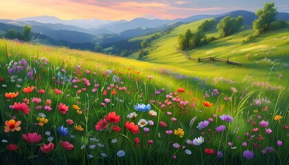 Spring Meadow with Wildflowers, Rustic Fence, and Sunrise Over Snow-Capped Mountains