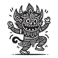 Black and white illustration of a mythical creature dancing with intricate tribal patterns.