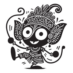 Stylized black and white illustration of a joyful mythical figure with large eyes and intricate patterns.