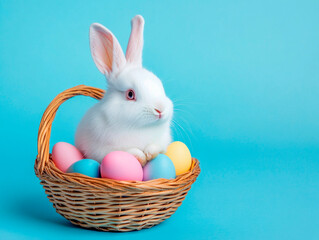 A delightful white rabbit rests comfortably in a woven basket brimming with pastel-colored Easter eggs against a cheerful blue backdrop, radiating holiday spirit and joy
