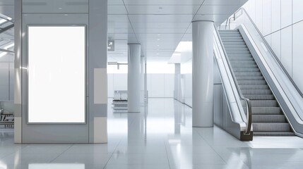 Obraz premium Modern airport departure lounge featuring an empty escalator and a white blank billboard. Clean, sleek design