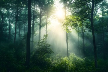 Fototapeta premium Serene forest scene with sunlight filtering through trees, creating a mystical atmosphere in nature