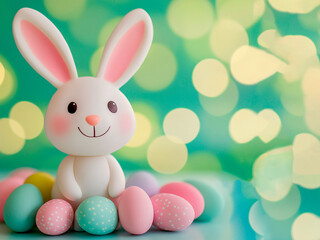Obraz premium A cute Easter bunny sits joyfully among an array of pastel-colored eggs, set against a soft green backdrop that emanates a cheerful springtime vibe perfect for holiday celebrations