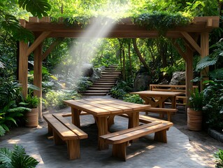 Fototapeta premium Wooden Picnic Area Sunlight
